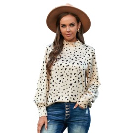 Beige Mock Neck Lantern Sleeve Fashion Print Blouse